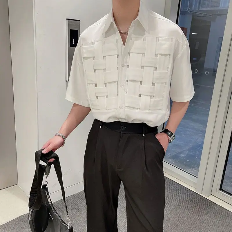 Summer Round Neck Fashion Half Sleeve Shirt Man High Street Casual Loose Button Cardigan Solid Color Personality All-match Tops