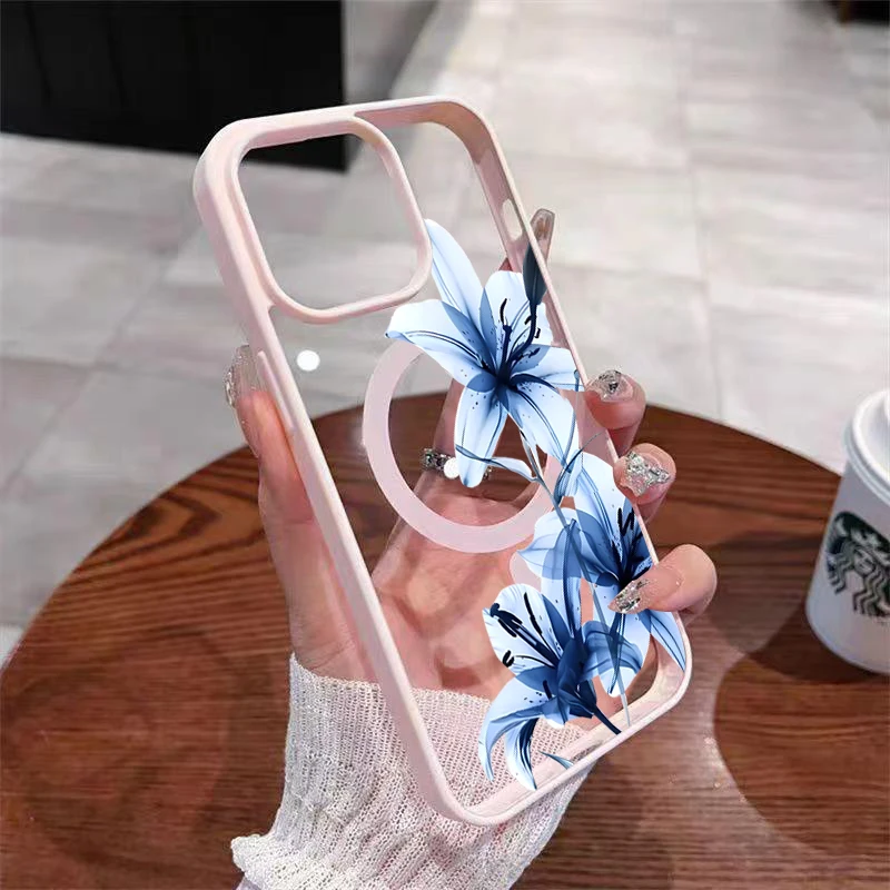 Blue Lily Whisper Transparent Magnetic Matte Phone Case with Large Hole Frame