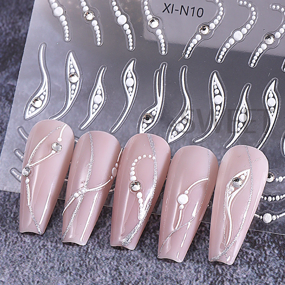 3D Rhinestones Gold Silver French Nail Art Stickers Retro Wave Simple Line Design Adhesive Slider Decals DIY Manicure Decoration 6
