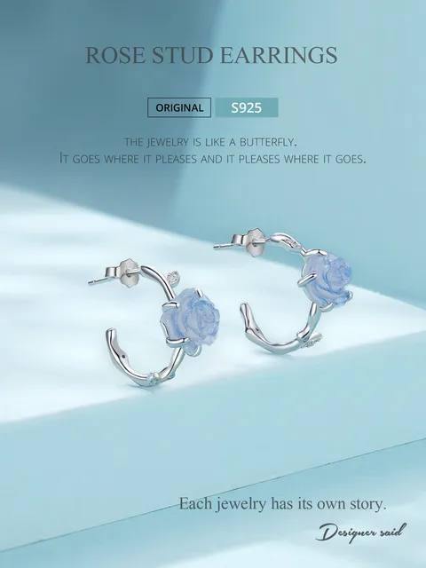 WOSTU 925 Sterling Silver Pink Blue Rose Flower Crystal Stud