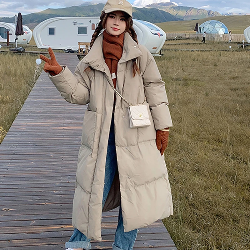 

2023 Women's Puffer Jacket Casual Long Parkas New Solid Color Stand Collar Autumn Winter Loose Clothes Outwear Coat