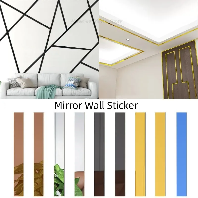 5PC DIY Mirror Decor Stickers 3M Self-adhesive Acrylic Art Wall Tile Ceiling Edge 3D Strip Decoration TV Background Wall Sticker