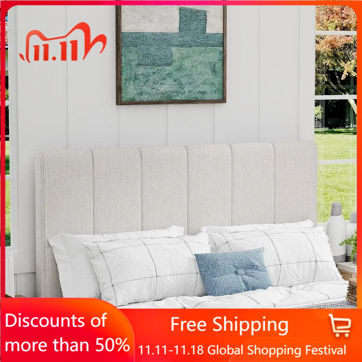 King Headboard Foldable Linen Headboard for King Size Bed Upholstered Wall Panels Adjustable Height Grayish White