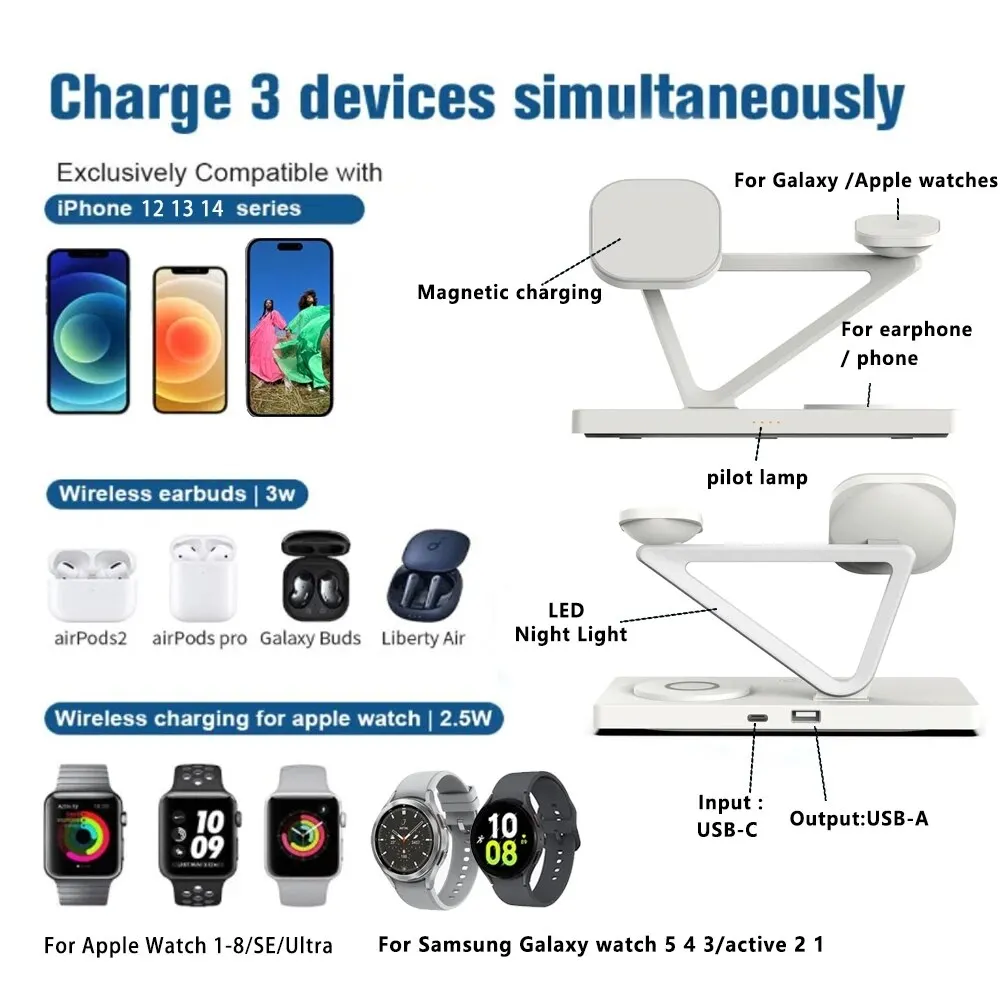 5 In 1 Magnetic Wireless Charger Stand Pad Light for iPhone 14 13 12 X Samsung Apple Galaxy Watch 15W Fast Charging Dock Station magnetic wireless charger
