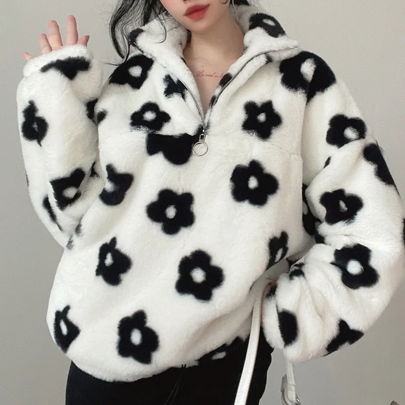 Winter New Women's Sweater Coat Fashion Contrast Color Flower Plush Long-sleeved Pullover Sweater Casual Half Zipper Loose Lapel