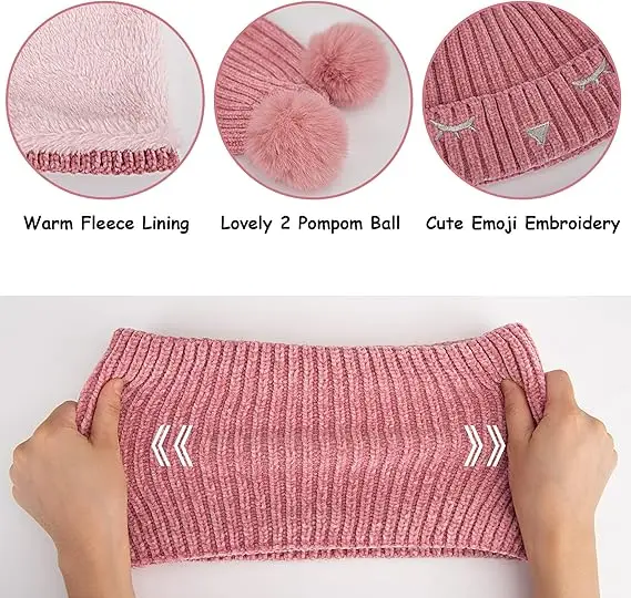 3 Pack Kids Hat Scarf Gloves Sets Winter Warm Pom Beanie Hat Fleece Lined Neck Warmer for Girls Boys 2-6
