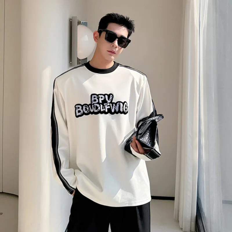 

SYUHGFA Korean Chic Men's Shoulder Pad T-shirt Round Collar Contrast Color Design Male Patchwork Long Sleeve Tops 2024 Spring