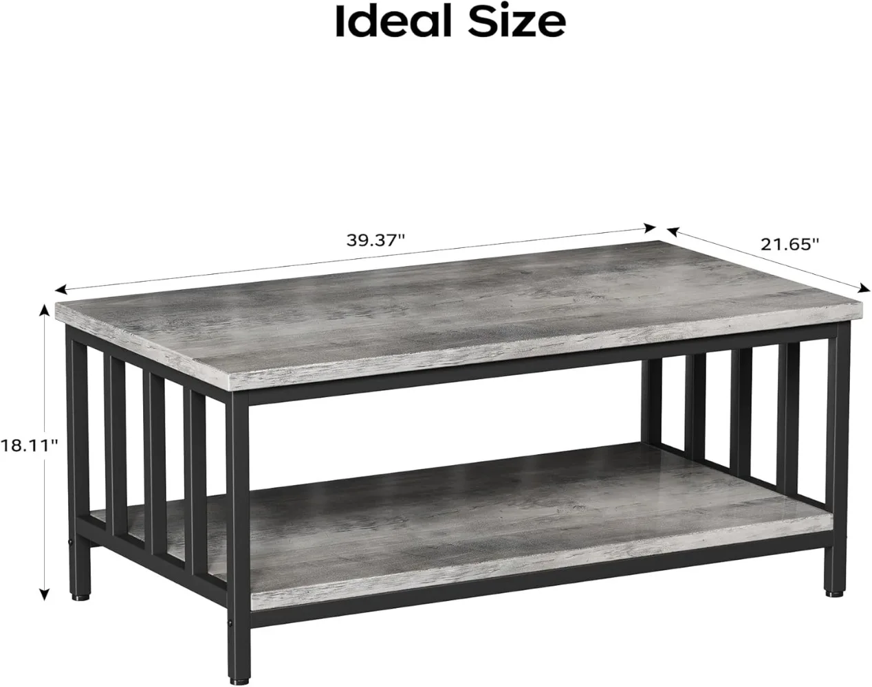 Coffee Table for Living Room with Slatted Sides Frame,Modern Farmhouse Table with 2-Tier Storage Shelf for Home Office 3