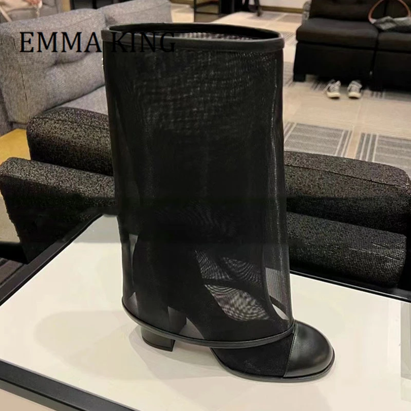 

Spring Women Mesh Upper Mid-calf Boots Ladies Round Toe Chunky High Heels Boots Fashion Comfortable Slip-On Botas De Mujer 43
