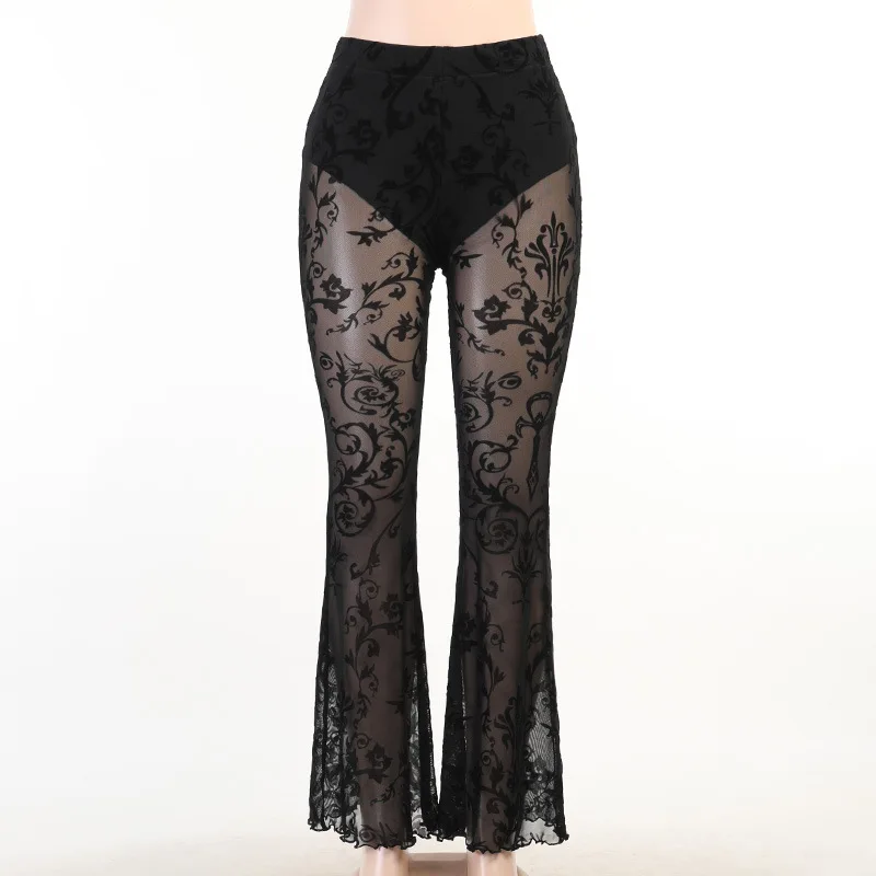 Women Sexy Club Lace Print Sheer Slim Flare Pants Spring Autumn 2024 High Waist Stretch Dark Style Hipster Trousers Streetwear