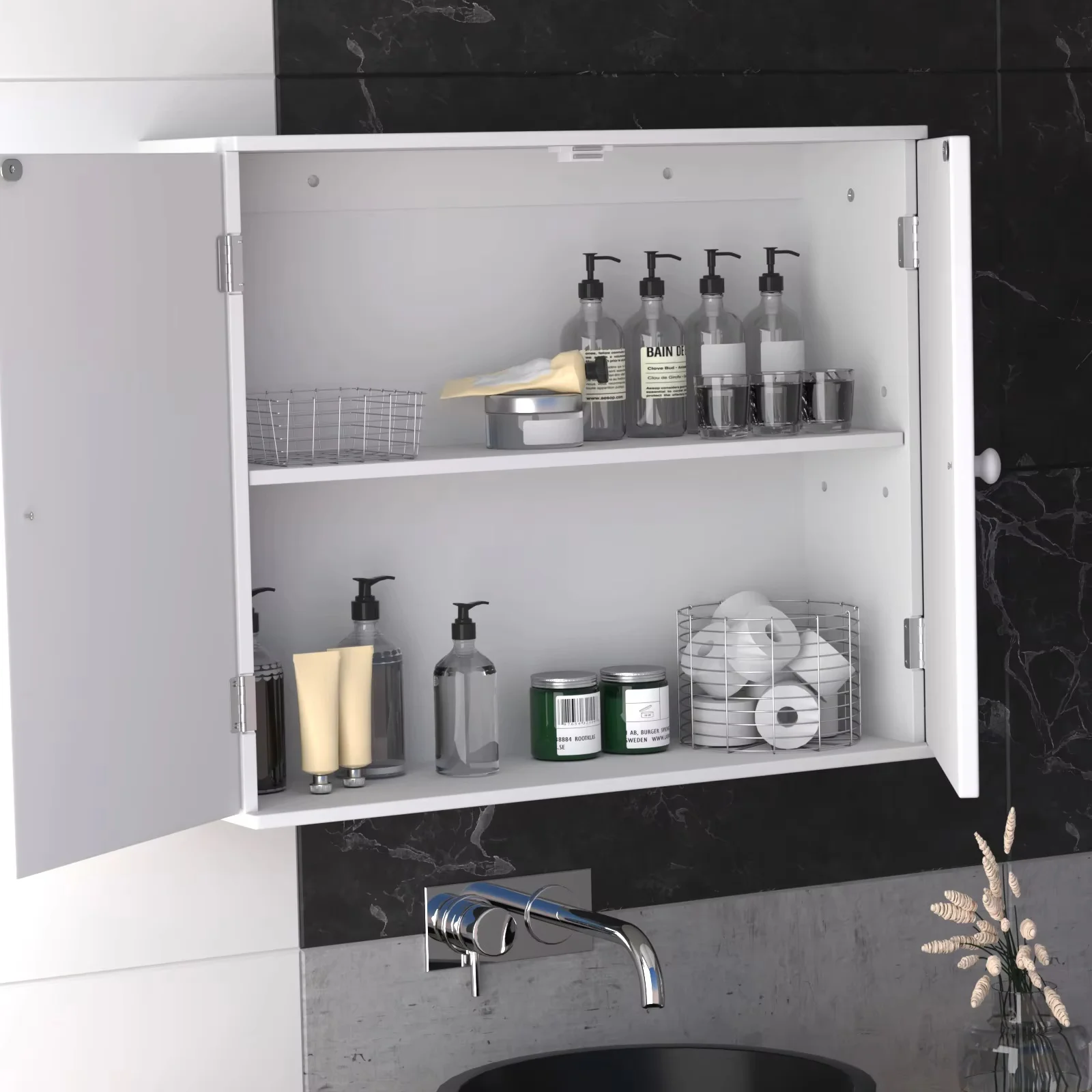 BRIEFNESS Bathroom cabinet Bathroom wall cabinet Kitchen storage cabinet with double doors and adjustable shelves White