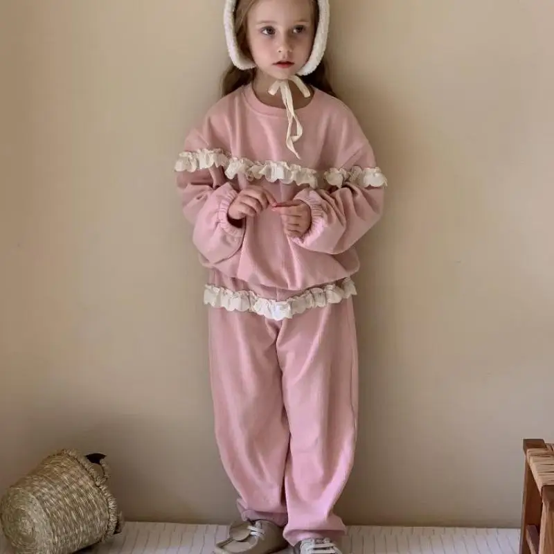 

Children Outfits Baby Fashion Ruffle Lace Sweatshirt Suit Girl Infant Solid Patch Tops + Pants 2pcs Kid Cotton Fashion Tees Set