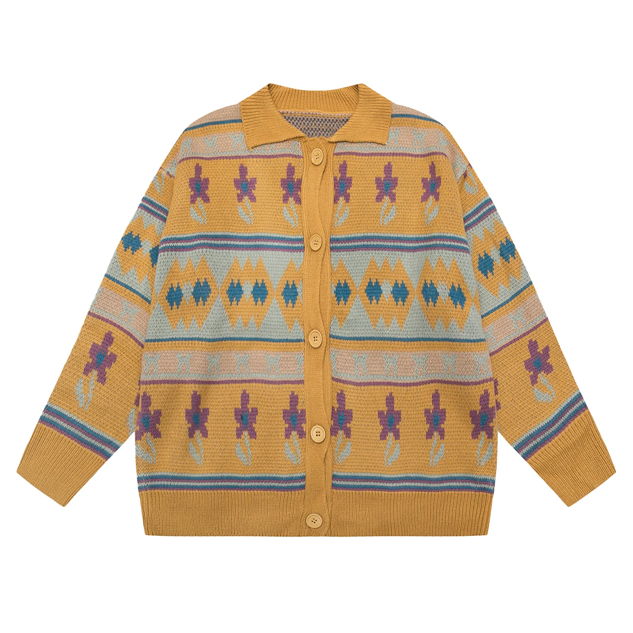 

LACIBLE Hip Hop Vintage Polo Collar Cardigan Coat Contrast Stitching Outwear Streetwear Tops Men Women Cardigan Soft Sweater