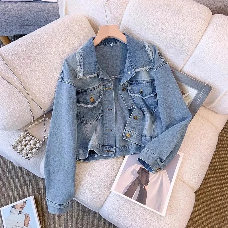 

2024 Women's Denim Jacket Korean Turn-down Collar Denim Jacket Women Loose Button Outwear Femme Jean Coat Female Top
