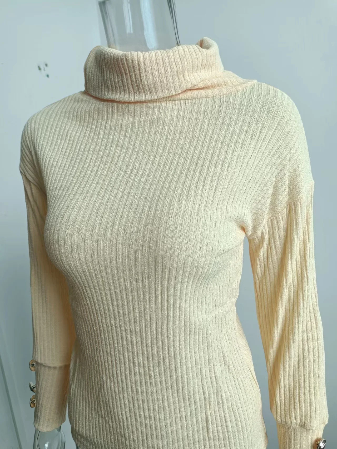 Women’s Ribbed Turtleneck Knit Sweater with Button Cuffs – Elegant Casual Style