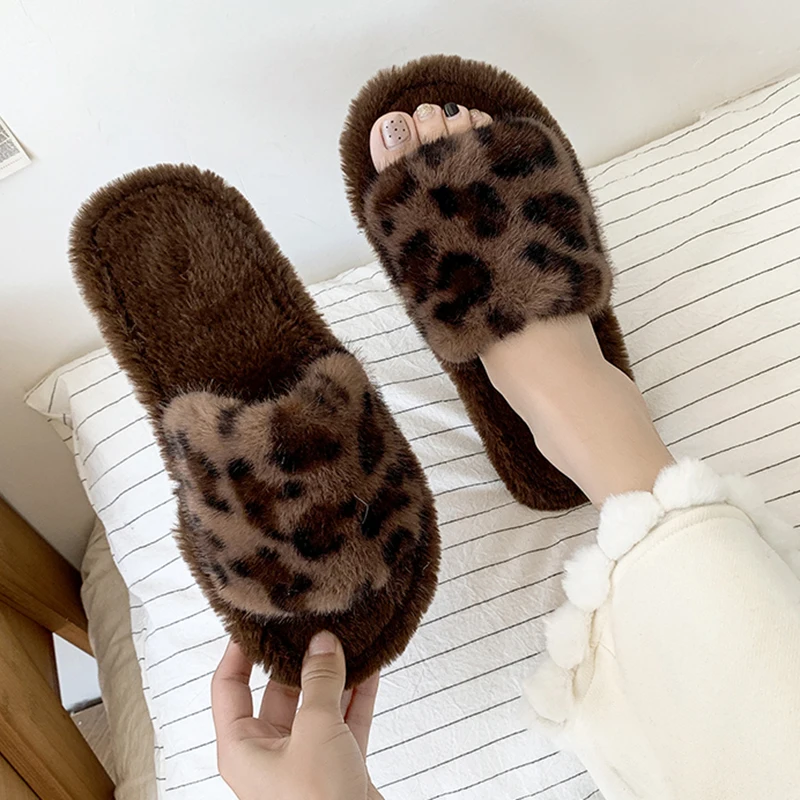 Open Toe Leopard Print Plush Slippers Women Comfort Anti Slip Home Cotton Slippers Woman Soft Sole Warm Faux Fur Slippers Female