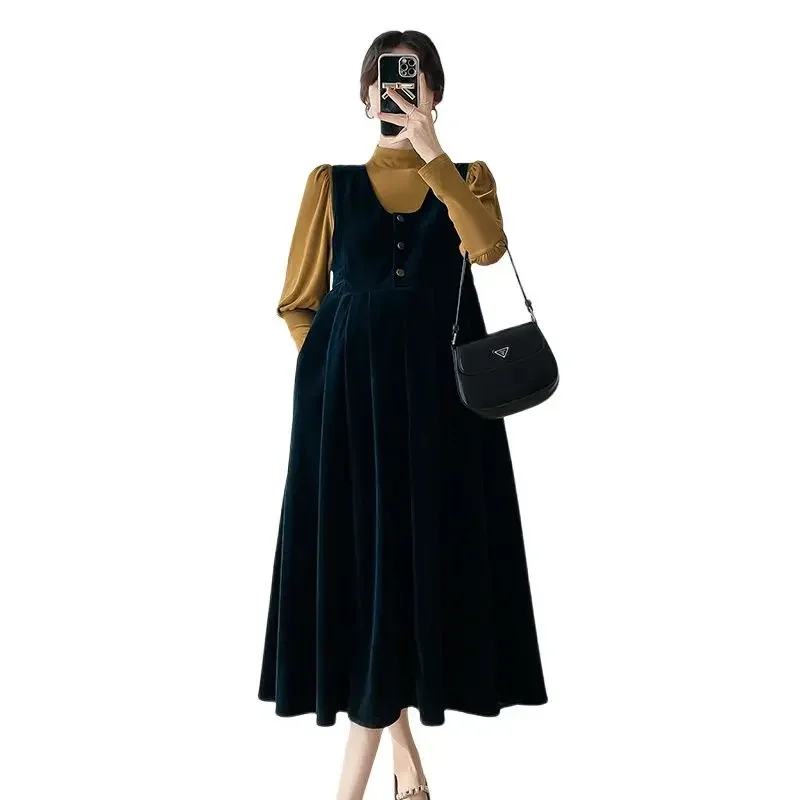 Korean style maternity dress suits autumn fashion long sleeve turtleneck tees velvet sundress twinset pregnant women clothes set