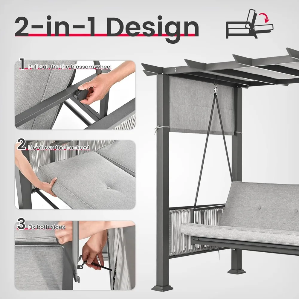 2 in 1 Design Porch Swing with Canopy,  Adjustable Curtains, Outdoor Patio Swing Chair for Garden, 3-Seat Patio Swing Bed 3