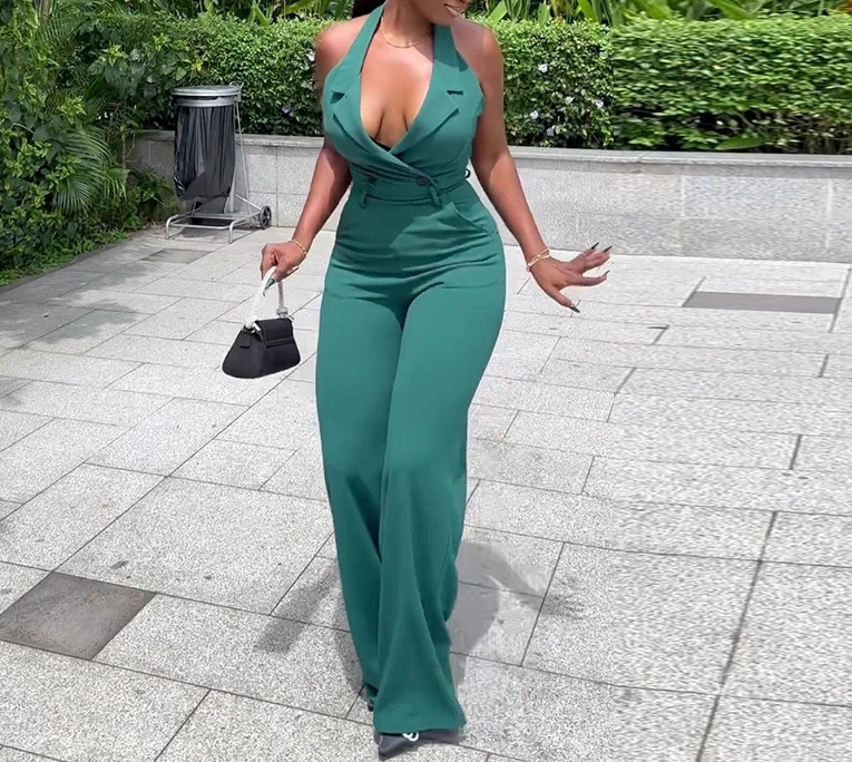Hot Selling Jumpsuit 2024 Spring Summer Hanging Neck Backless High Waisted Pocket Inserted Casual Jumpsuit for Women's Pants