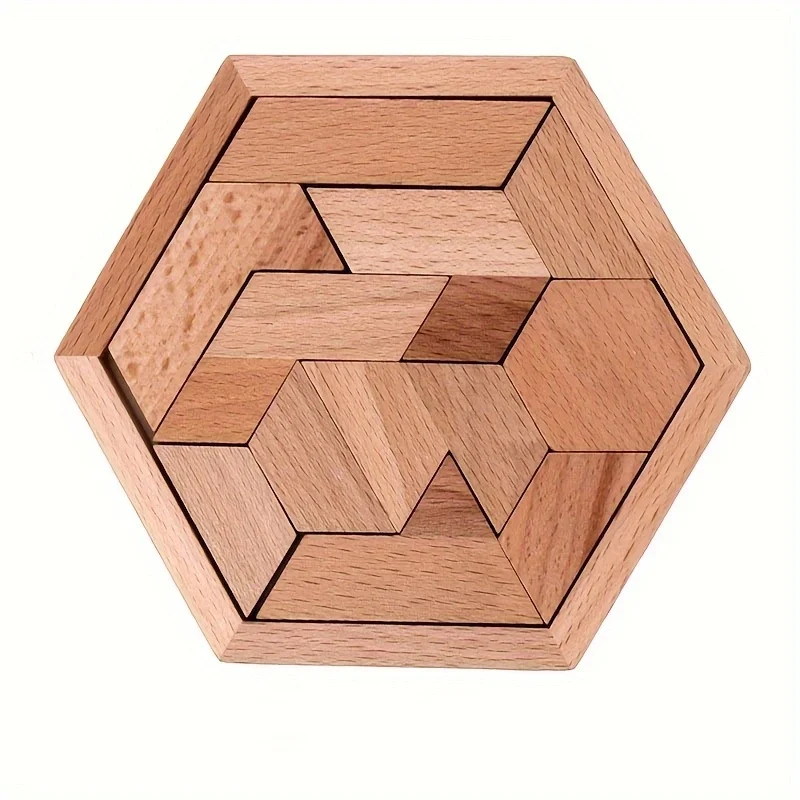 Hexagon Tangram Puzzle, Wooden Puzzle Toys for Children and Adults, Challenging Puzzles Wooden Brain Teasers Puzzle for Adults