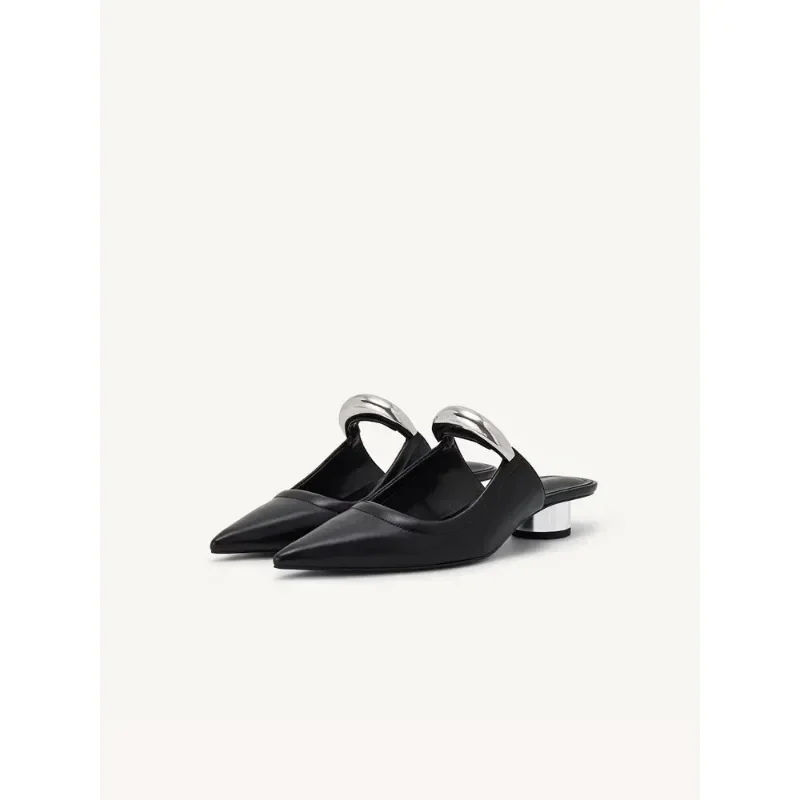 Punk Gothic Metal Buckle Low Heels Sandals Women 2024 New Pointed Toe Thick Heeled Summer Slippers Woman Platform Muller Shoes 6