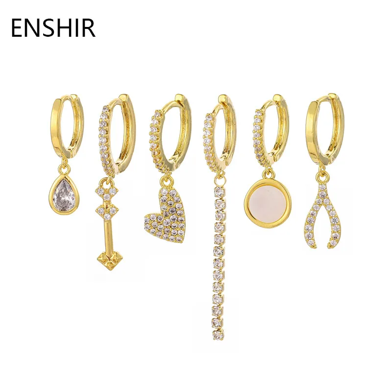 

ENSHIR Gold Color 6-piece Earrings Set for Women Love Heart Zircon Tassel Hoop Earrings Set Jewelry Gifts