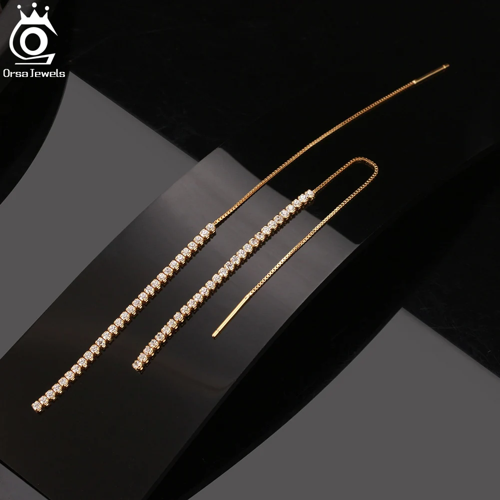 ORSA JEWELS 14K Gold CZ Zircon Long Tassel Drop Earrings Necklace Sterling Silver 925 Tennis Paperclip Chain Jewelry Women SE111