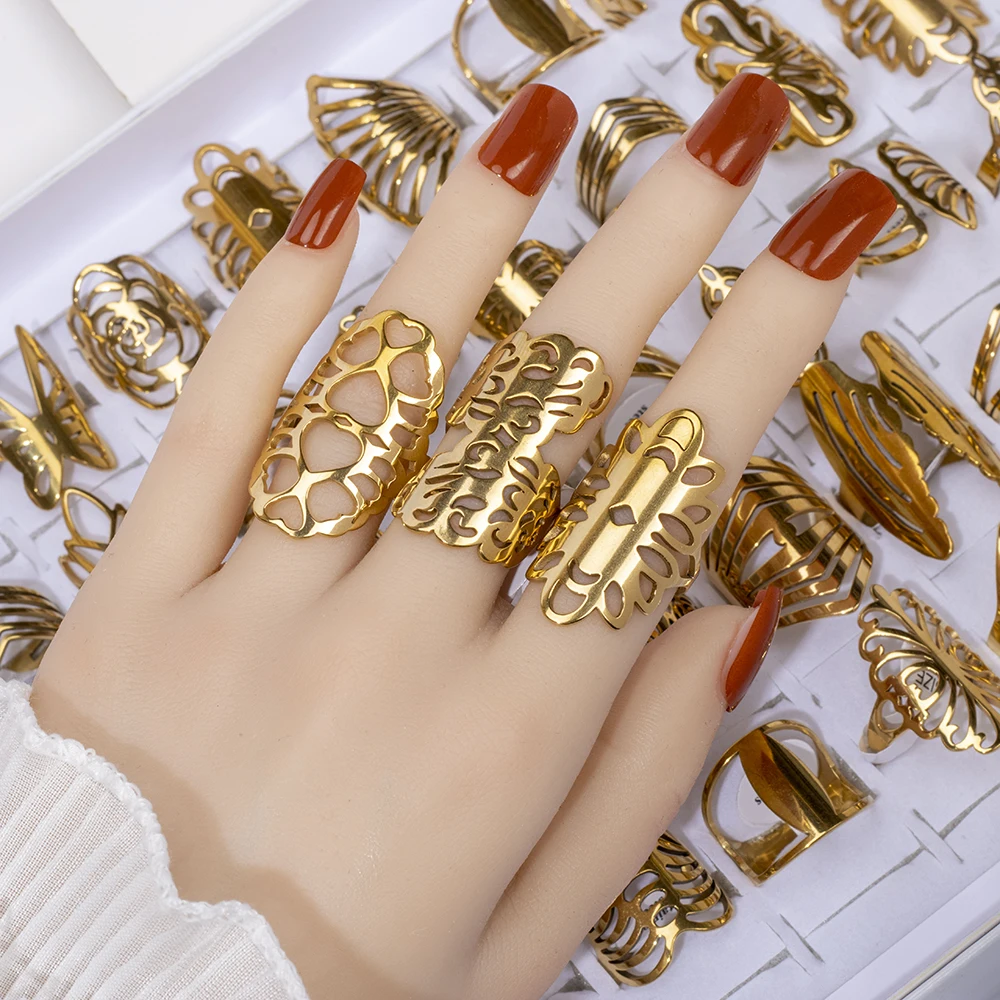 20pcs/lot Women's Fashion Stainless Steel Big And Small Hollow Cut Jewelry Rings Mix Love Flower Heart Style For Party Gift 6