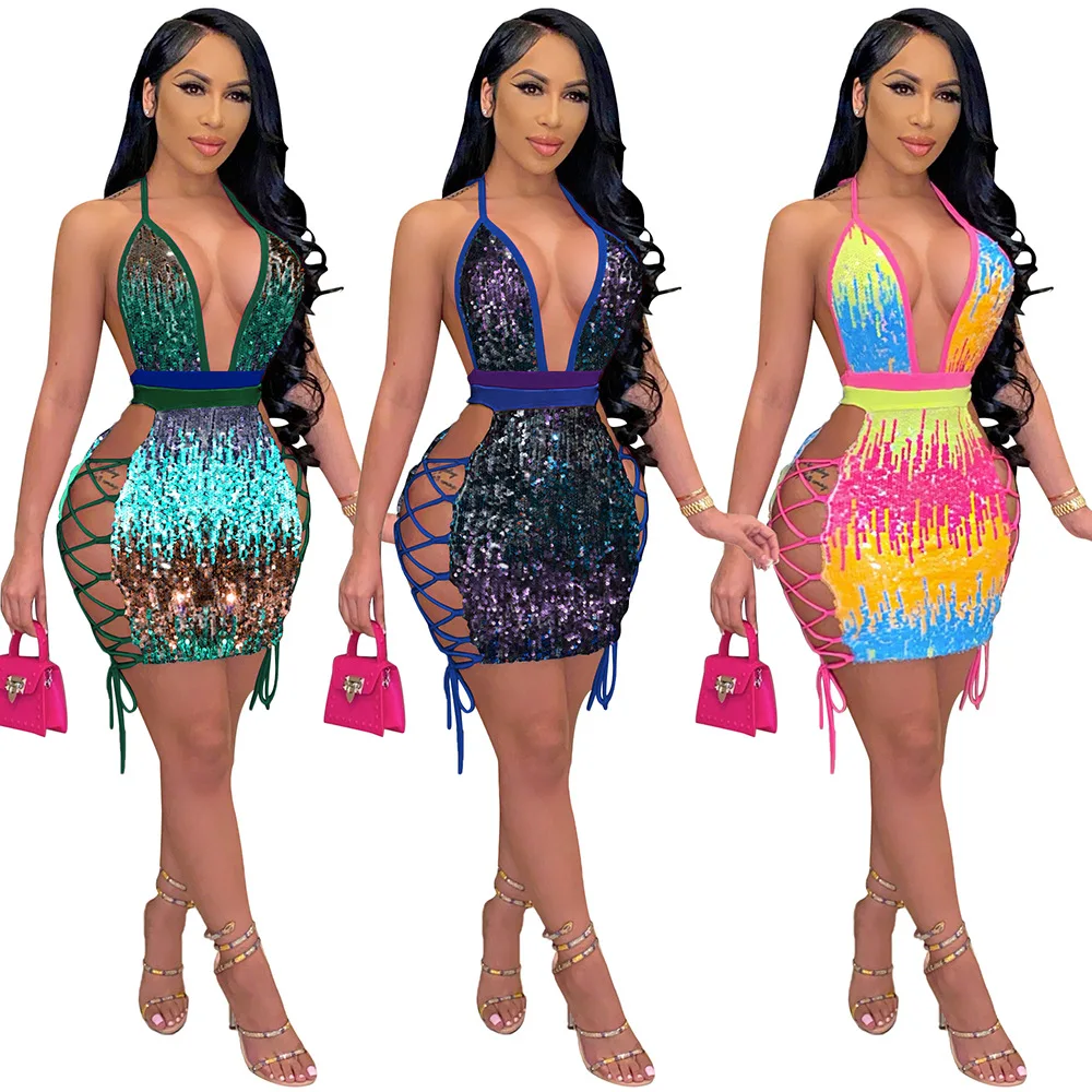 

womens sexy sequins backless sequins contrast dress nightclub clothes