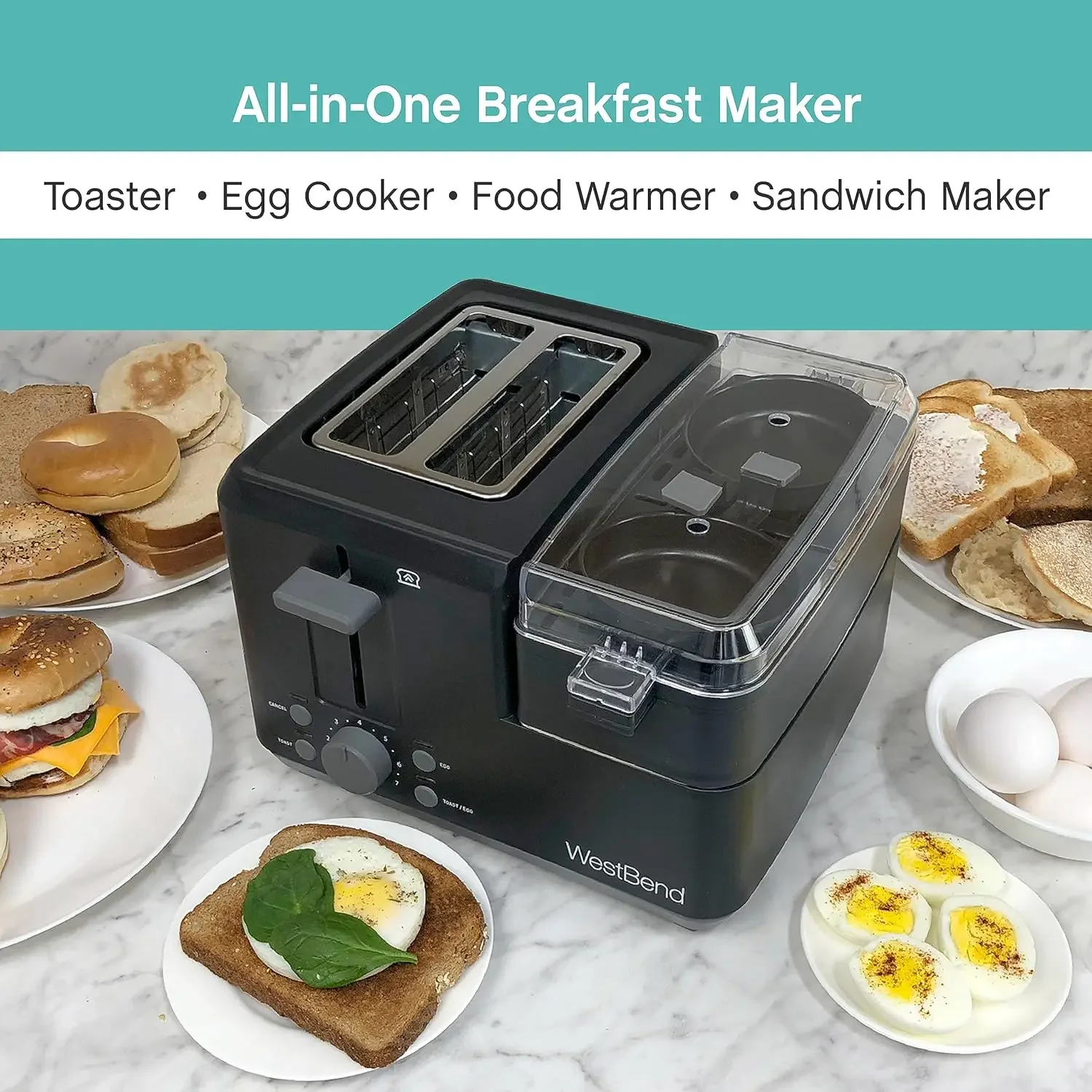NEW 78500 Breakfast Station, 2-Slice Toaster with Removable Meat and Vegetable Warming Tray and Egg Cooker/Poacher, Black 2