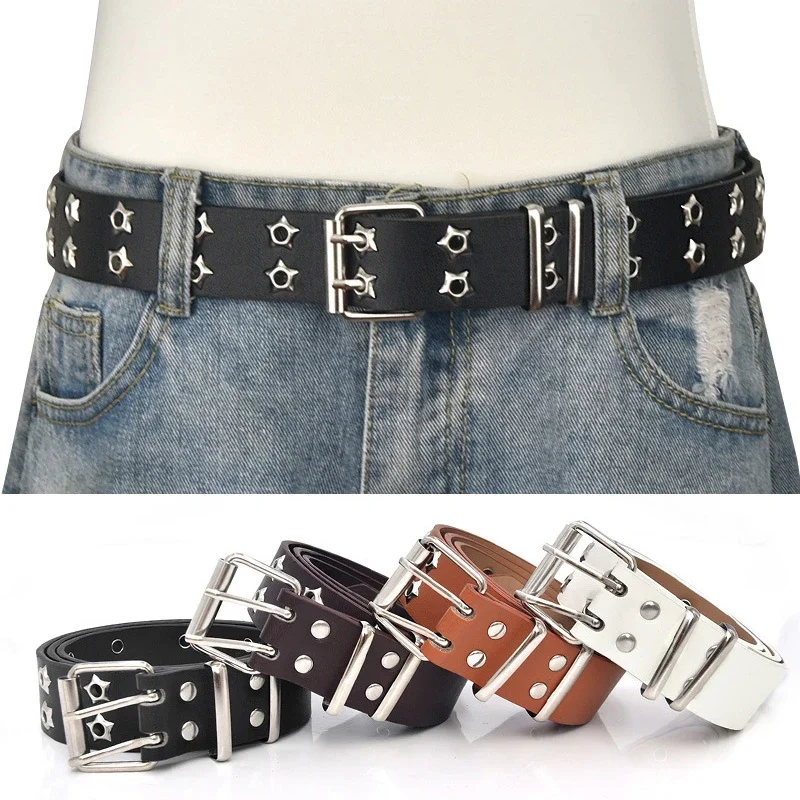 

y2k Women Star Eye Rivet Belt Double Row Hole Belt Punk Waist Strap Hollow Out PU Leather Jeans Decorative Fashion Waistband