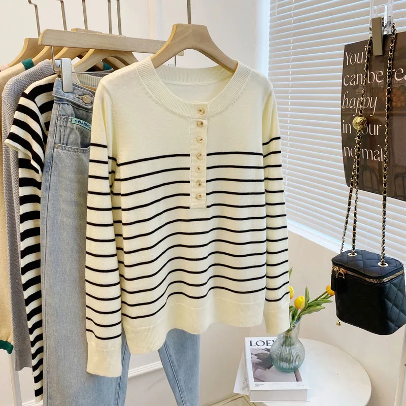 

Spring Autumn Single-Breasted Pullover Sweater Women O-Neck Striped Short Knitted Tops French Loose Long-Sleeved Thickened Shirt