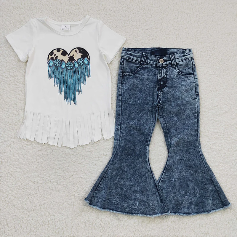 Wholesale Baby Girl Jeans Set Children Toddler One Shoulder Let's