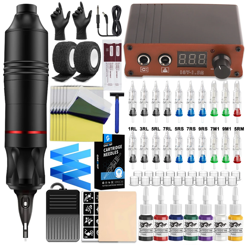 

Professional Tattoo Machine Pen Kit Rotary Pen Set DC Interface with Mini Power Supply Cartridge Needles Ink for Beginner Supply