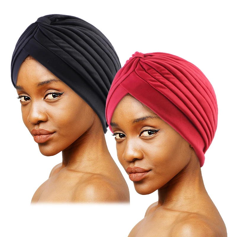 2 stücke Knoten Crinkle Turban Kappe schwarz & dunkelblau Headwrap elastischen Kopftuch leichte Motorhaube Chemo Kappe