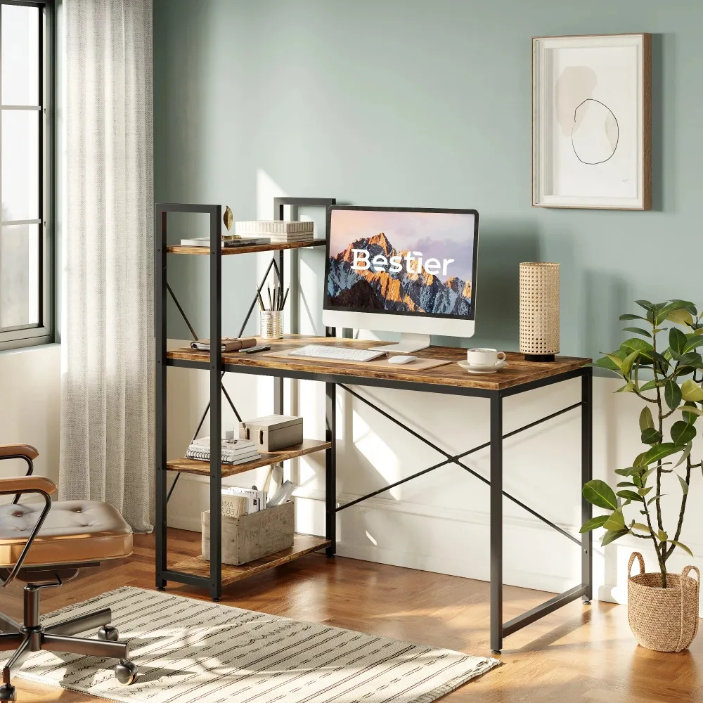 

47'' Computer Desk with Bookshelf Rustic Brown Finish Reading Desk