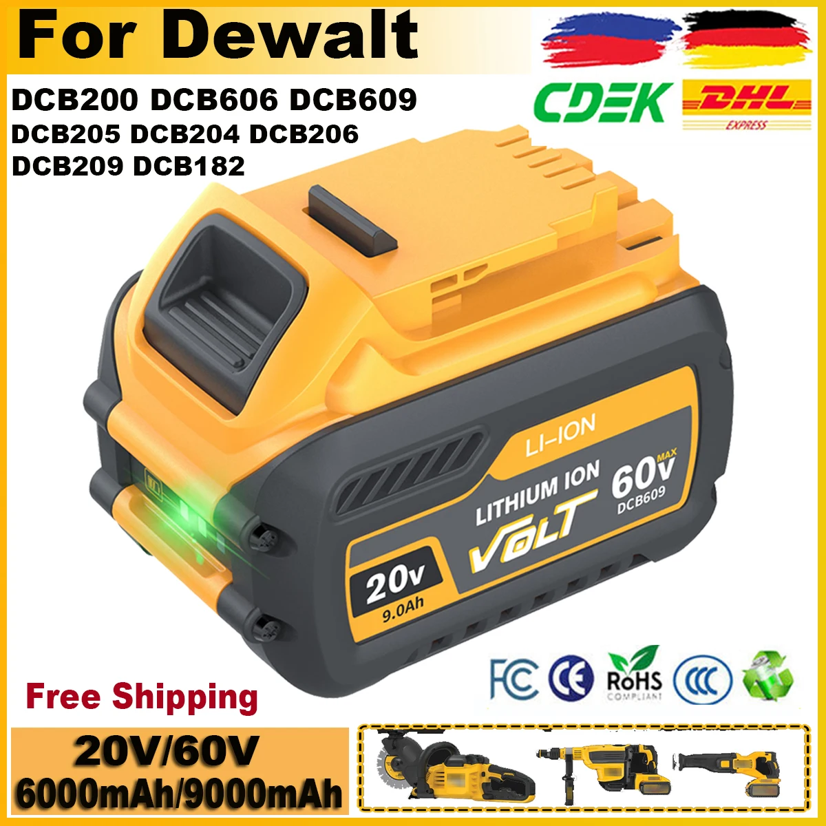 Max Bateria para Dewalt Bateria da Ferramenta Elétrica 60v 9000mah Dcb606 Dcb609 Dcb205 Dcb206 Dcb209 Dcb182 9.0ah 6.0ah Dcb200