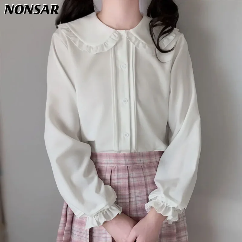 

NONSAR Japanese Style Lolita Shirt Autumn Spring Girl Ruffled Long-Sleeved Jacquard Solid Color Blouse Women