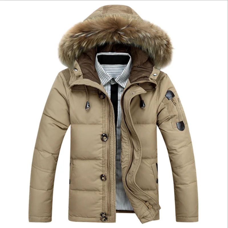 

New Winter Warm Men Thickened Fleece Down Jacket Down Coat Jacket Men Fashion White Duck Fur Collar Hooded Down Parkas Men