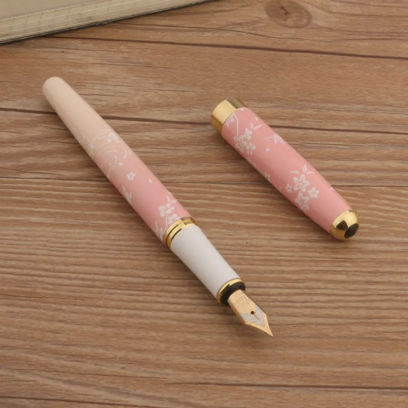 1PC Pen + 10PC Ink Metal 83 Fountain Pen Pink Flowers F Nib Business Office school supplies