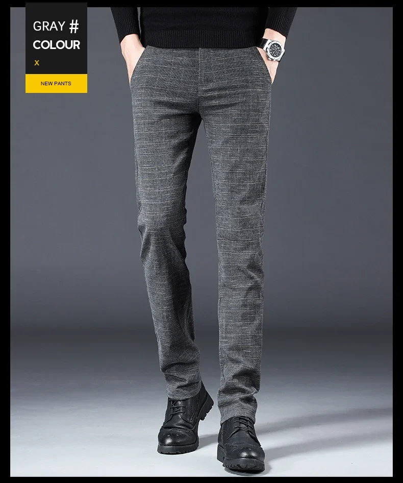 Herbst Winter Gebürstet Baumwolle-wie männer Business Casual Hosen Elastische Gerade Plaid Modische Beiläufige Dünne Hosen Männlich – Detail 15