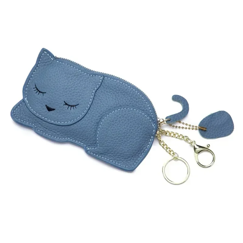 Genuine Leather Coin Purses Women Cartoon Cute Cat Zipper Key Holder Thin Purse Fashion Girls Coin Wallet Kids Change Pouch Bag
