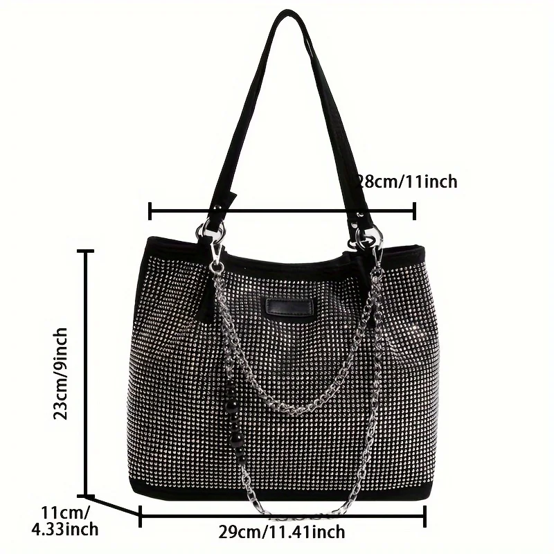 Shiny Rhinestone Shoulder Bag, Trendy Chain Decor Tote Bag, Glitter Bling-Bling Handbag For Women