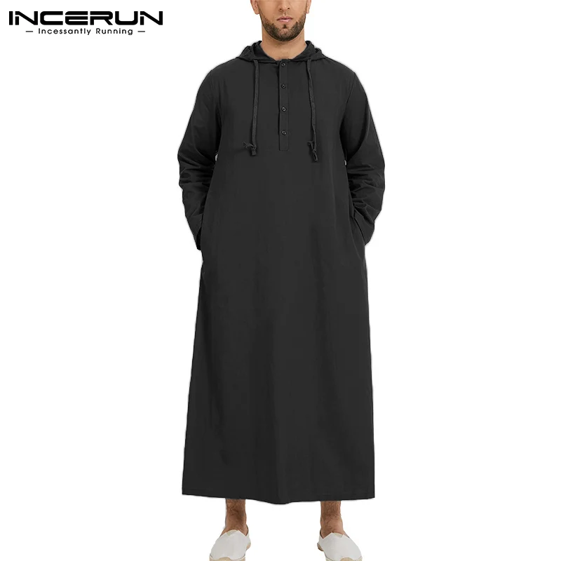 

2024 Men Muslim Robe Hoodies Kaftan Saudi Arabic Caftan Long Sleeve Arabic Islamic Jubba Thobe Casual Man Clothing S-5XL INCERUN