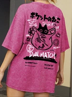Femmes dessin animé T-Shirts Vintage été Harajuku Kawaii chat imprimé à manches courtes T-Shirts Couple Streetwear vêtements amples couverture en coton 5