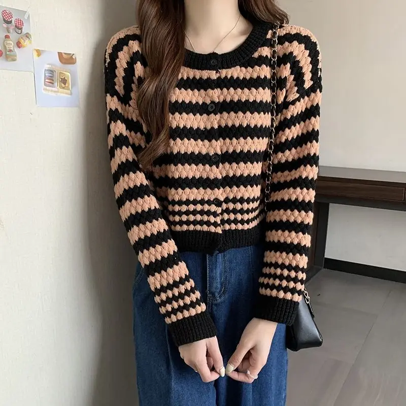 

Gidyq Women Cardigan Sweater Autumn Fashion Korean Stripe Loose Knitted Coats Streetwear Female Casual Cropped Jacket New