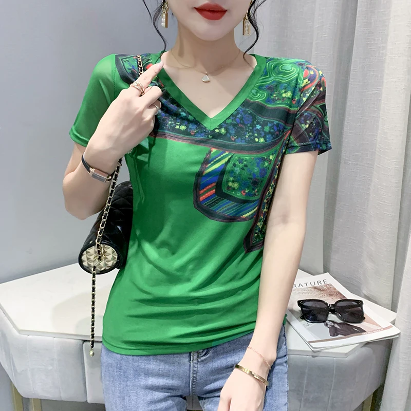 

2023 Summer Fashion Screen Print Positioning Flower Short Sleeve V-neck Slim Fit Tight Green Women's Top Elastic Shirts Tees