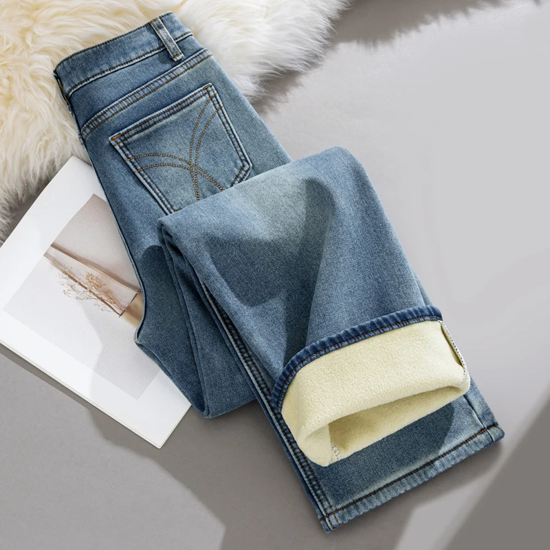 Y2k Pants Jeans for Woman Winter Fleece Lined 2025 New Thick Warmth Slim Wide Leg Straight Trousers Fashion casual 1