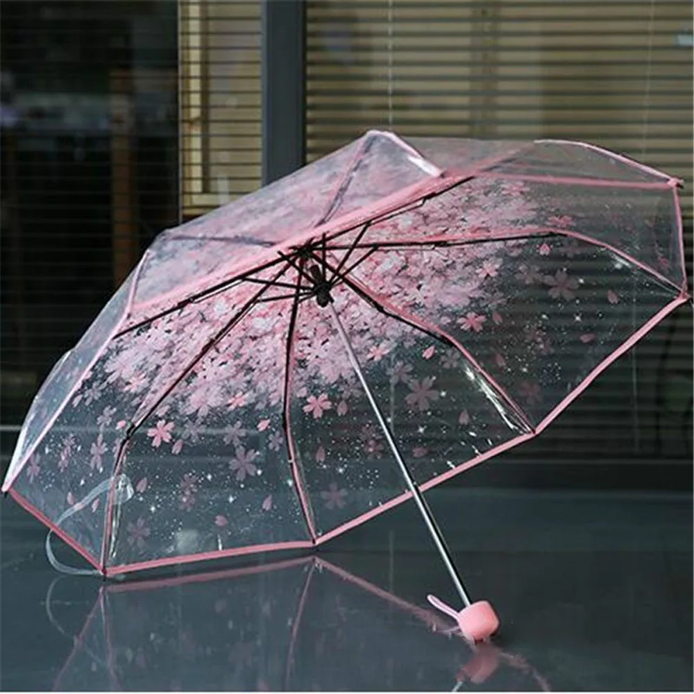 Anti-UV Sun/Rain Umbrella 3Fold Transparent Clear Cherry Blossom