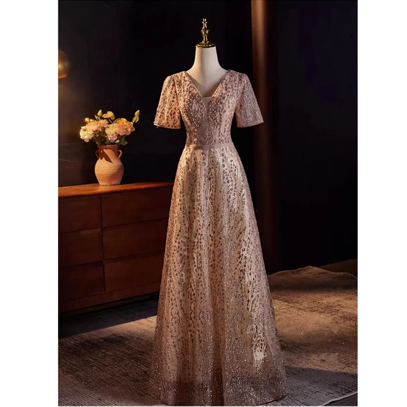 

Bespoke Occasion Dress Champagne Bling V-neck Short Sleeves Lace up A-line Floor-length Plus size Women Evening Party Gown B2909